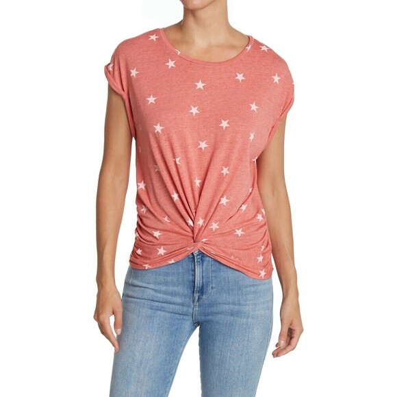 LUCKY BRAND Red White Star Print Twist Front Burnout Short Sleeve T-Shirt Medium - Picture 1 of 5